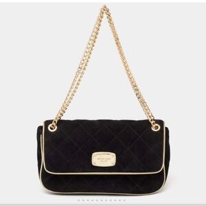 Michael Kors Suede Black Quilted Shoulder Bag with Gold Chain